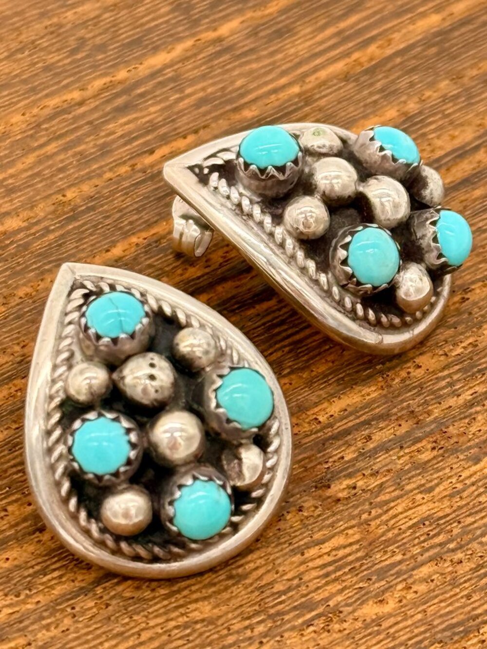Sterling Silver Turquoise Cluster Teardrop Earrings Signed Navajo Zuni Style